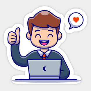 Man Employee Thumbs Up With Laptop Sticker